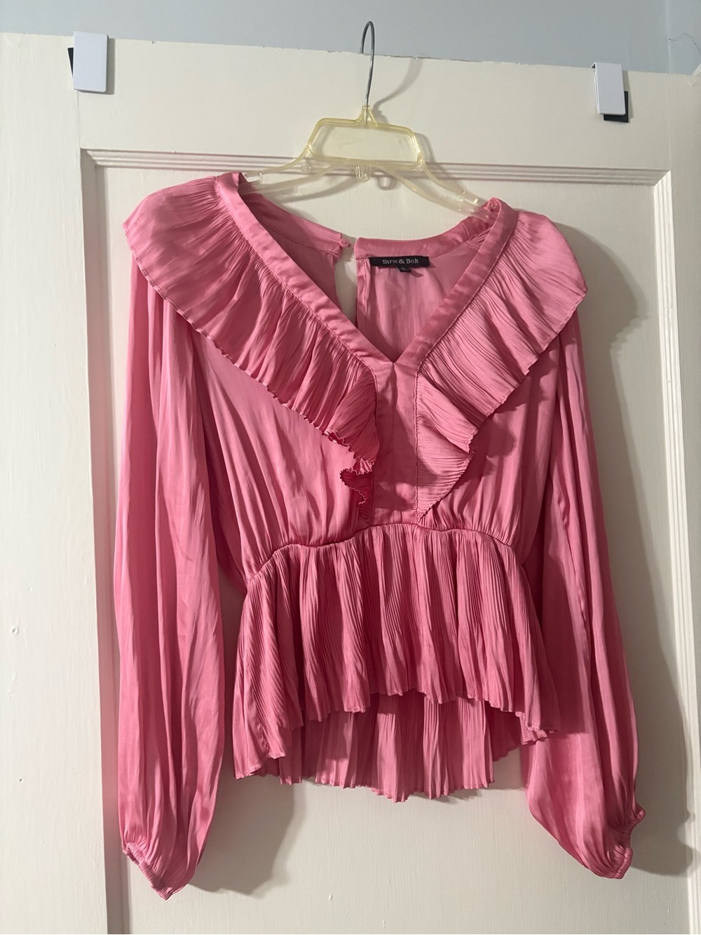 Pink Ruffle V-Neck Long-Sleeve Blouse